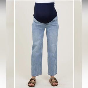 Pinkblush Maternity Wide Leg Crop Blue Denim Full Panel Jeans Size 27 Light Wash